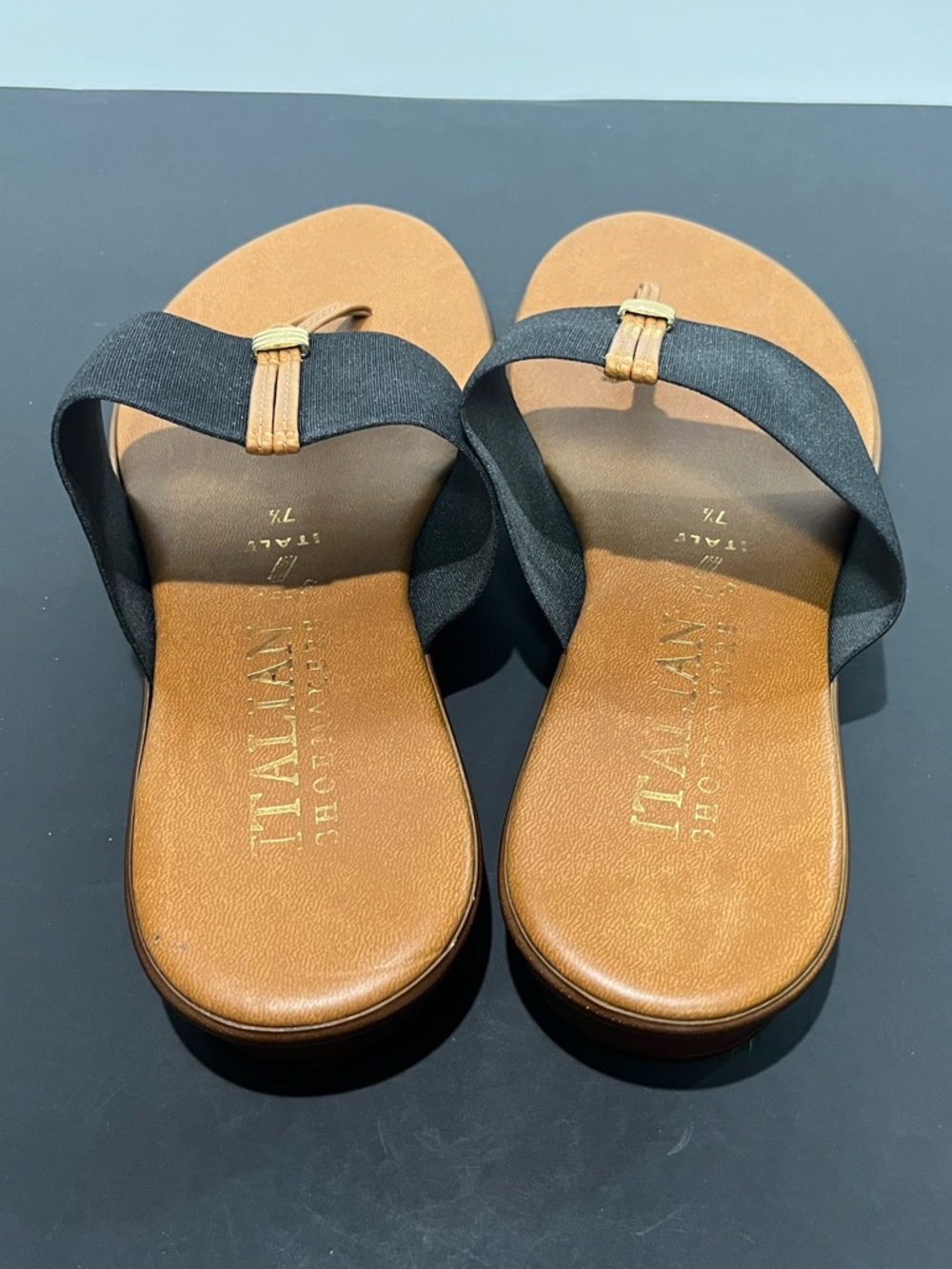 Italian Shoe Maker Tan Black Gold Stretch Women's Slip in Slide Thong Sandals - Picture 5 of 9